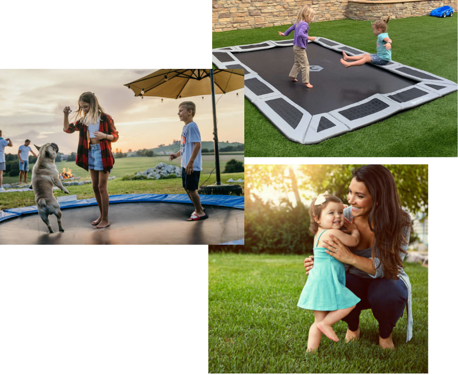 Family enjoying safe inground trampoline flush with backyard lawn